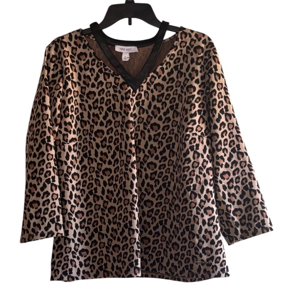 Nine West Tops - Nine West Leopard/Cheetah Print Blouse with Faux Leather Trim